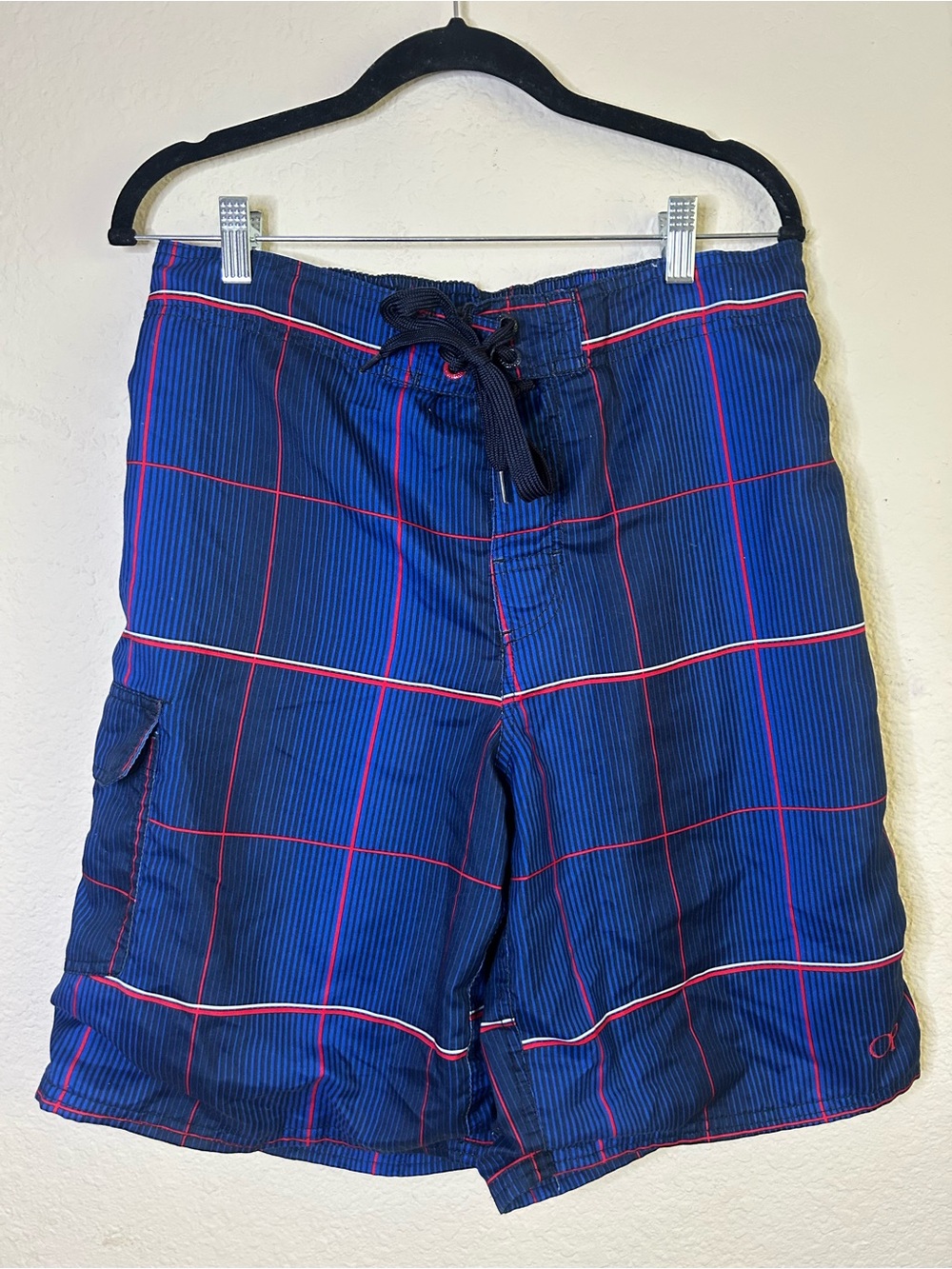 OP Men's Navy Blue Plaid Swim Trunks Medium 32/34 Beach Outdoor Camp Lake water